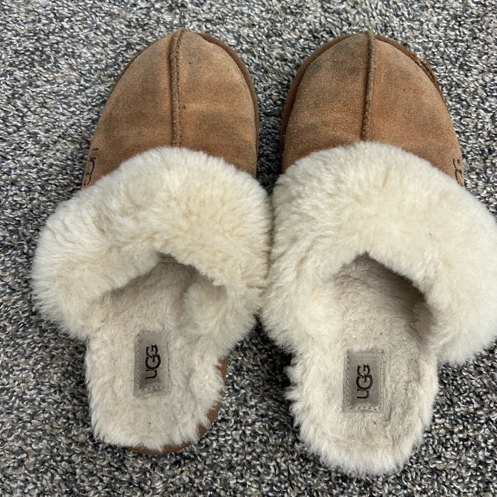 UGG Chestnut Suede Sheepskin Clog Slippers with Cream Fur